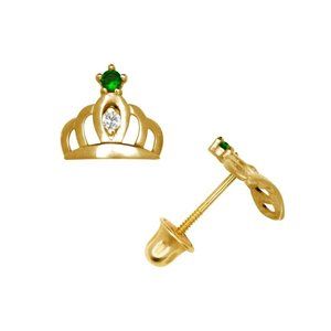 14K Solid Gold Royal Crown Screw back Stud Earrings with May Emerald Birthstone
